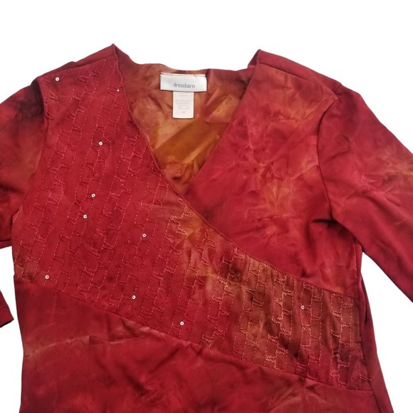 Vintage Dressbarn V Neck Top Women M Red Tie Dye 3/4 Slv Stretch Sequin 90s Y2K - Picture 11 of 14